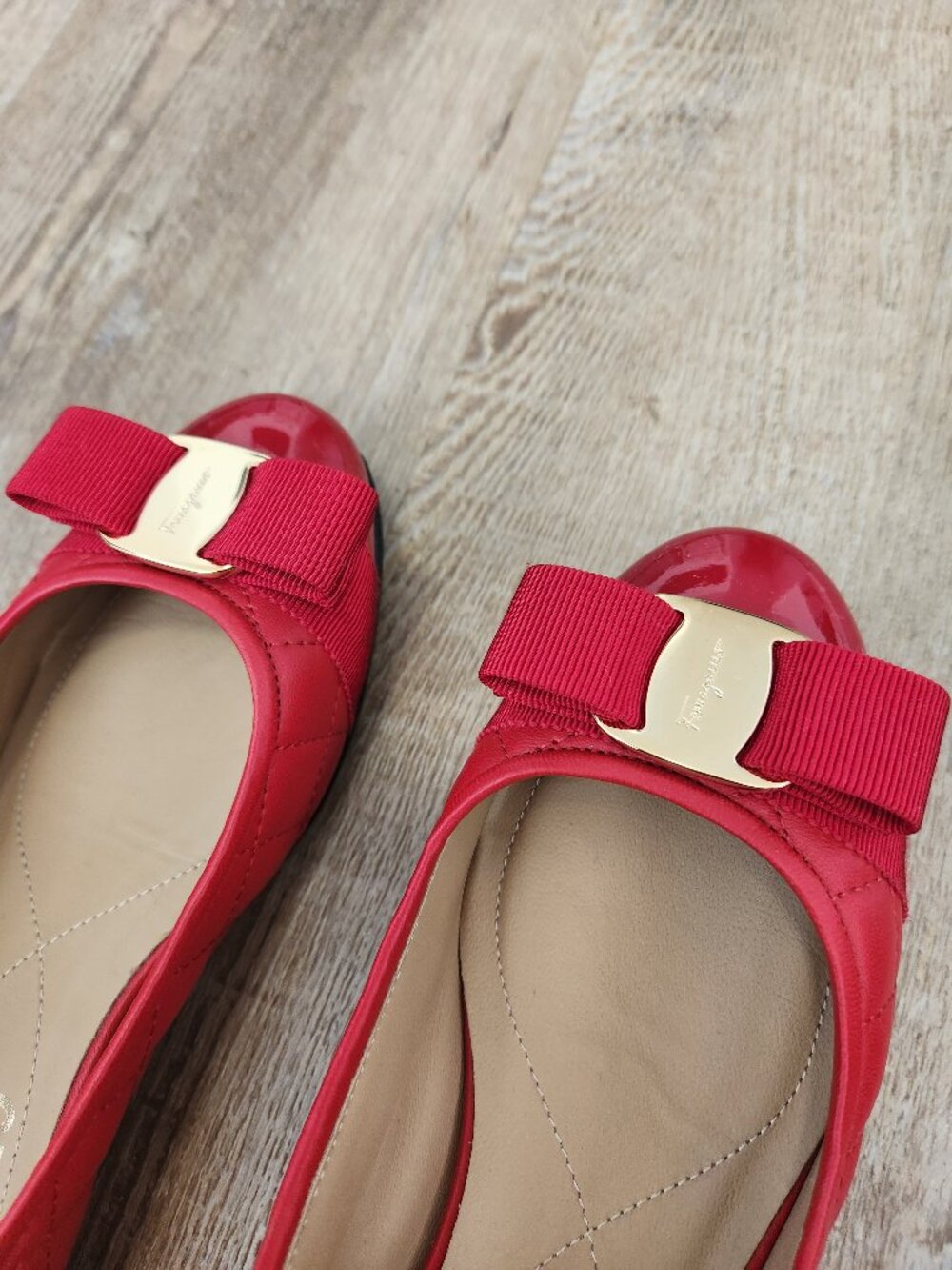 Salvatore Ferragamo red quilted leather bow ballet flats